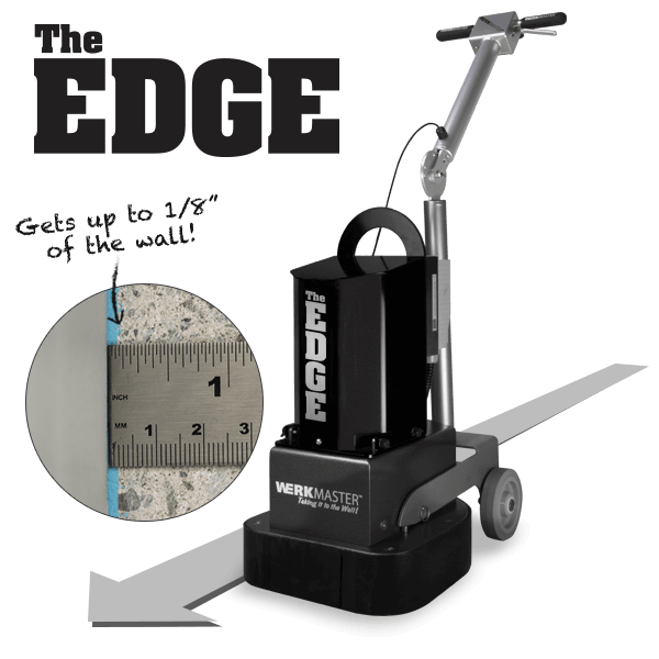 Concrete edge-grinding machine shown beside a measurement of its wall clearance